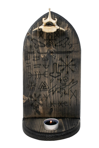 Image of norse symbols & deer vertebra altar