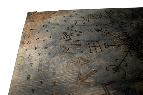 Image of Wooden Altar Table with Elder Futhark Runes and Veldismagn Stave