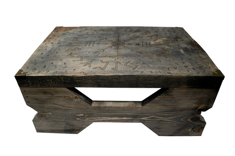 Image of Wooden Altar Table with Elder Futhark Runes and Veldismagn Stave