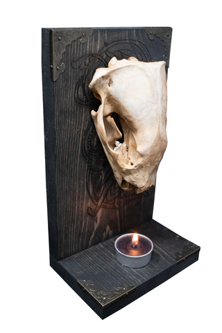 Image of Badger Skull Altar with Fafnir and Sigurd Engraving