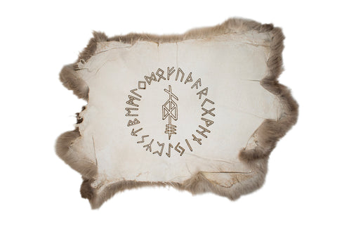 Image of burnt rabbit hide altar cloth - Odin bindrune & Elder Futhark runic circle