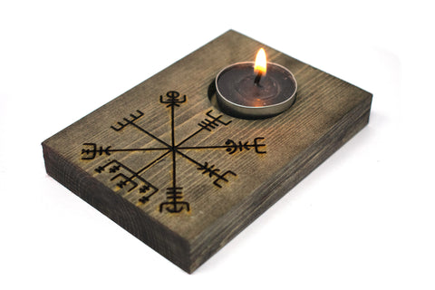Image of pagan candle holder, viking candle holder, vegvisir candle holder, vegvisir candle, norse candle holder