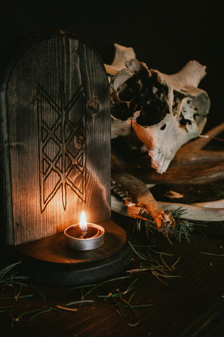 Image of pagan altar, witchy altar, norse altar, viking altar, nordic altar, wooden altar