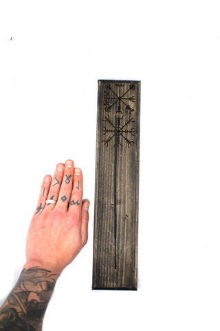 Image of pagan incense dish, helm of awe, norse incense dish, wooden incense dish, witchy incense dish, viking incense dish