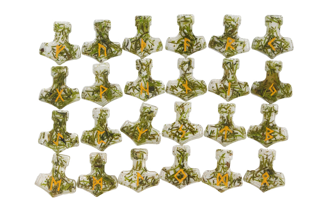 mossy mjolnir elder futhark rune set