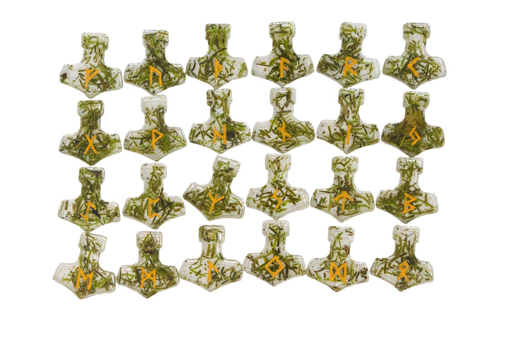 mossy mjolnir elder futhark rune set