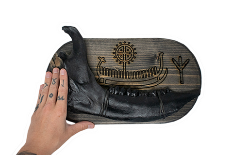 Image of viking ship petroglyph blackened elk jawbone hanger