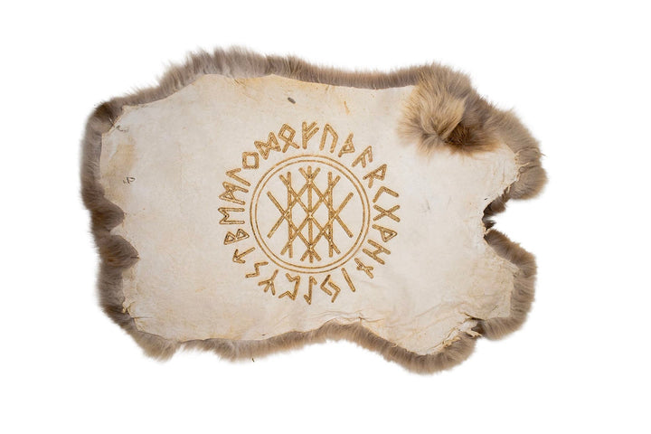 web of wyrd and runic circle - burnt rabbit hide altar cloth