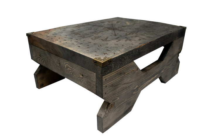 Wooden Altar Table with Elder Futhark Runes and Veldismagn Stave