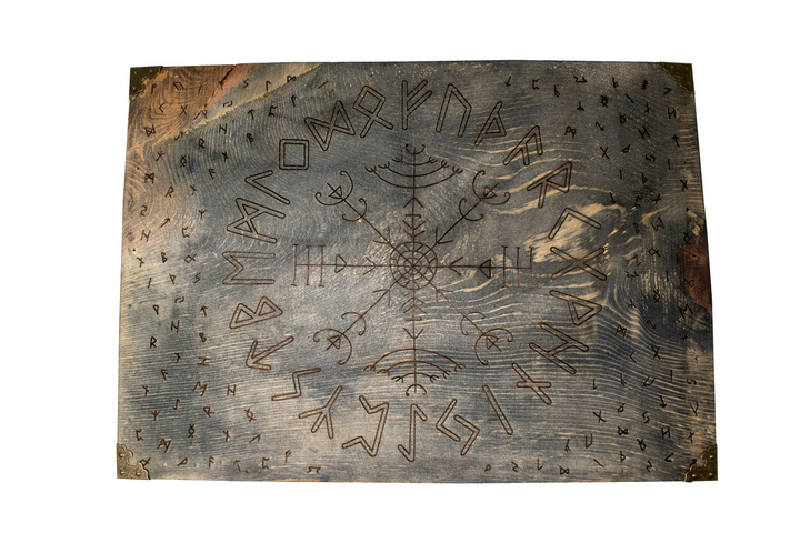 Wooden Altar Table with Elder Futhark Runes and Veldismagn Stave