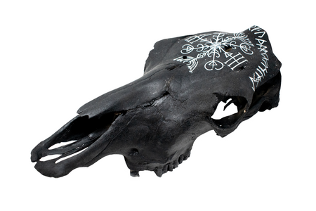 Blackened Cow Skull with Veldismagn Stave and Elder Futhark Runes