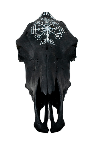 Image of Blackened Cow Skull with Veldismagn Stave and Elder Futhark Runes
