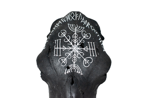 Image of Blackened Cow Skull with Veldismagn Stave and Elder Futhark Runes