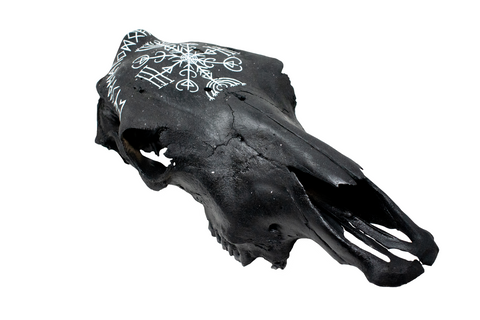 Image of Blackened Cow Skull with Veldismagn Stave and Elder Futhark Runes