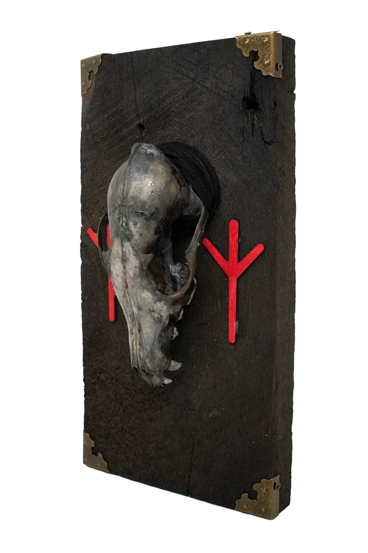 Algiz Rune Fox Skull Barn Wood Wall Hanging