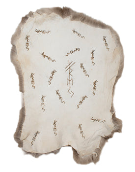 burnt rabbit hide altar cloth - repeating bindrunes to invoke Freya