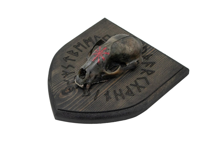 Blackened raccoon skull runic circle wall hanger