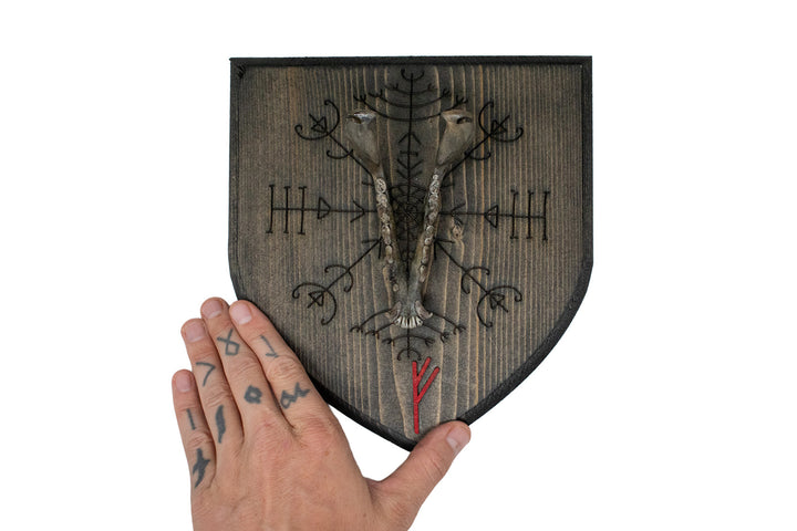 blackened coyote jawbone Veldismagn and Fehu rune wall hanger