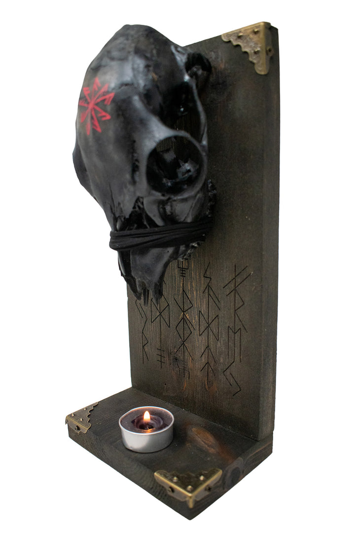 Altar of the Norse Gods with blackened deer skull