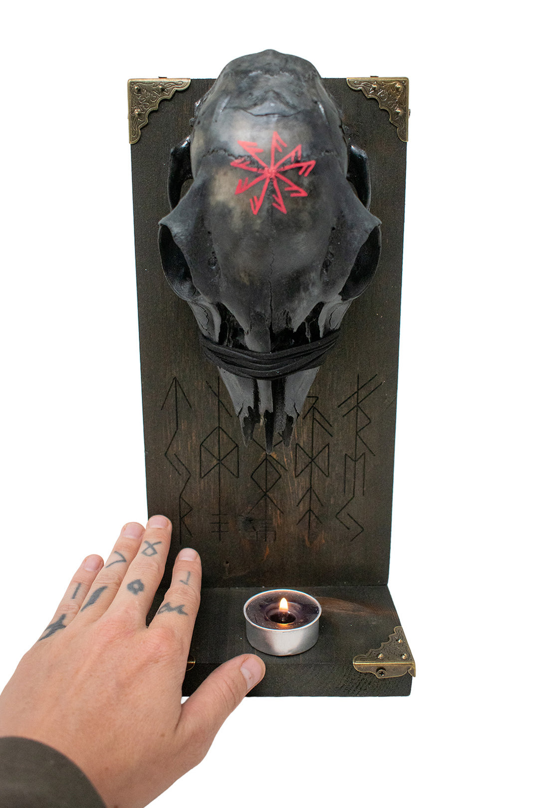Altar of the Norse Gods with blackened deer skull