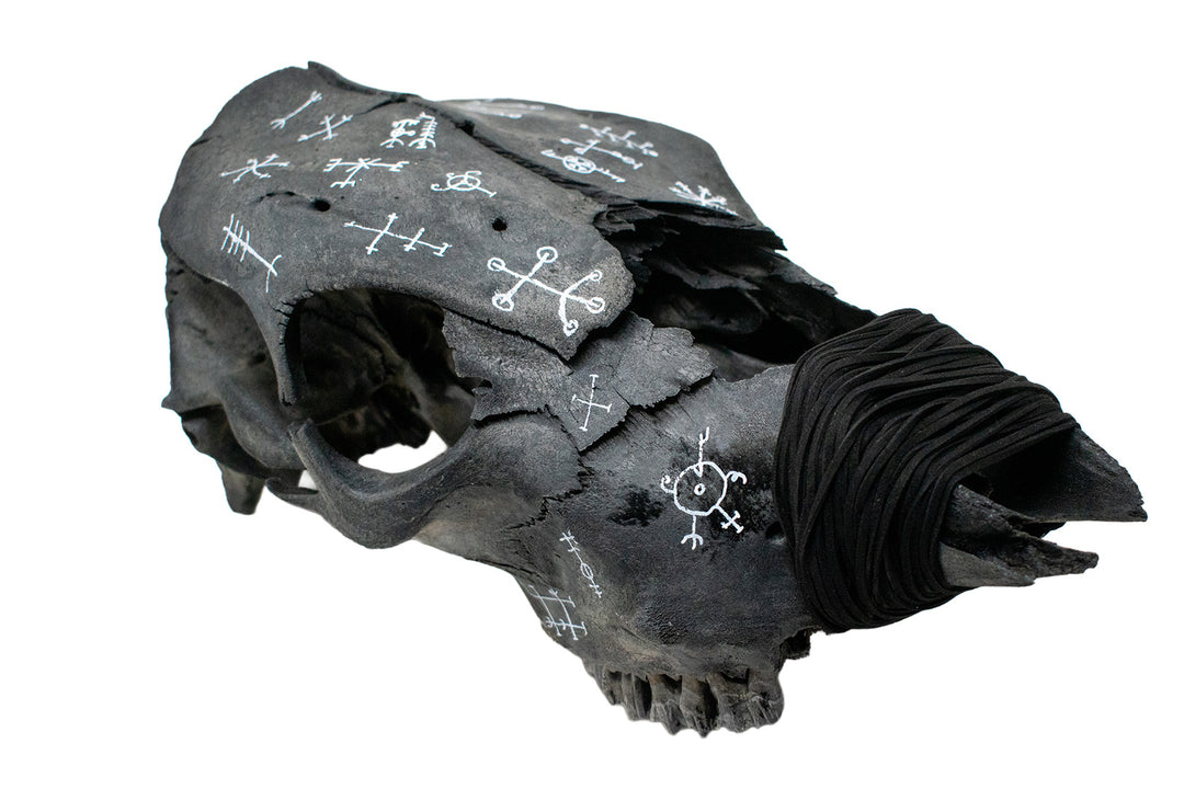 icelandic magical staves blackened cow skull - leather wrapped