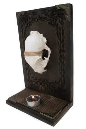 Odin’s Ravens Bobcat Skull Altar with Mjolnir Engraving