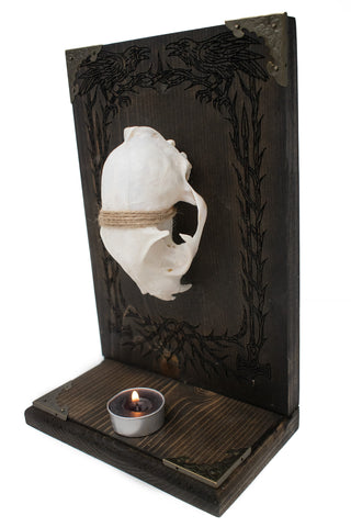 Image of Odin’s Ravens Bobcat Skull Altar with Mjolnir Engraving
