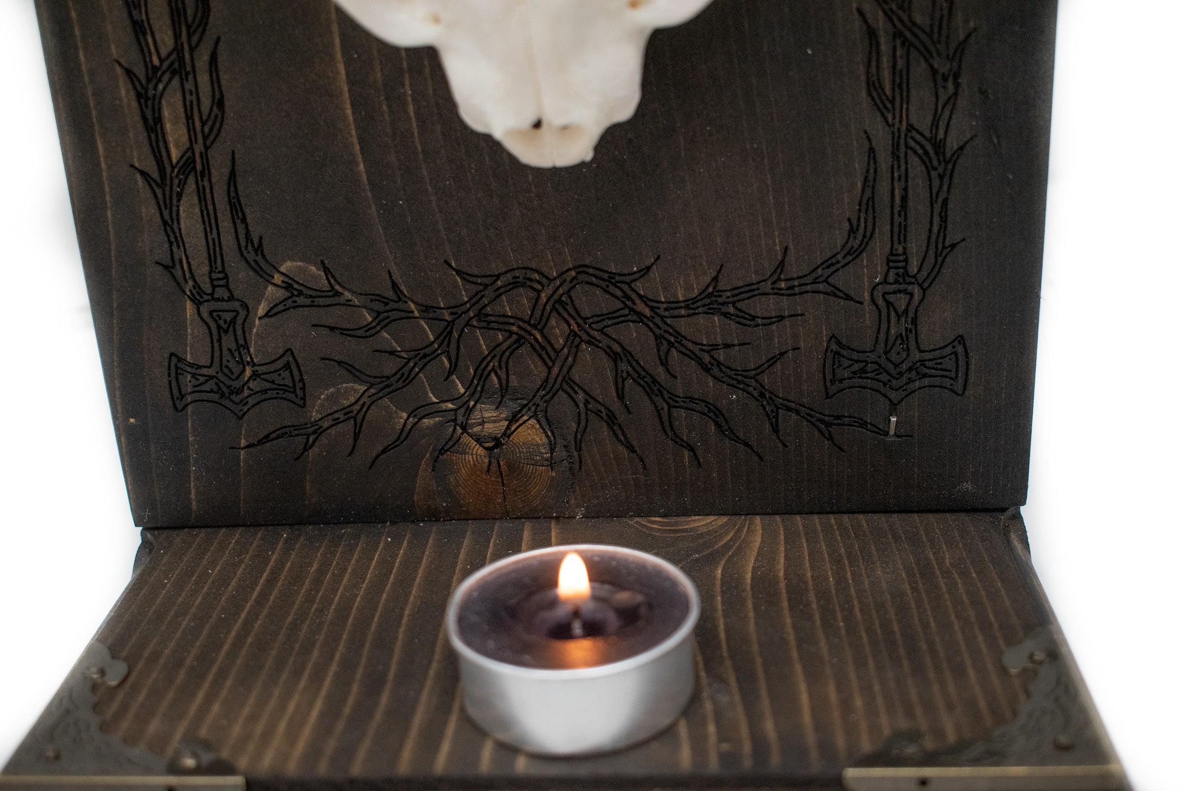 Odin’s Ravens Bobcat Skull Altar with Mjolnir Engraving
