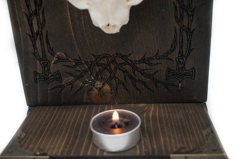 Image of Odin’s Ravens Bobcat Skull Altar with Mjolnir Engraving