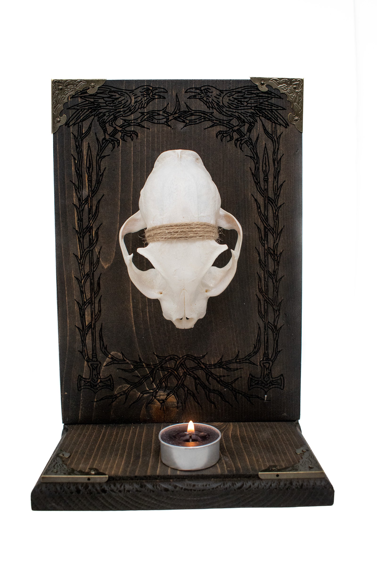 Odin’s Ravens Bobcat Skull Altar with Mjolnir Engraving