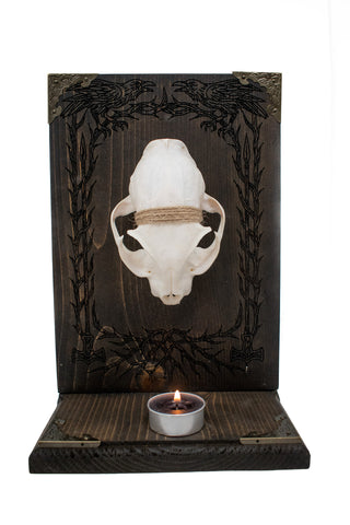 Image of Odin’s Ravens Bobcat Skull Altar with Mjolnir Engraving