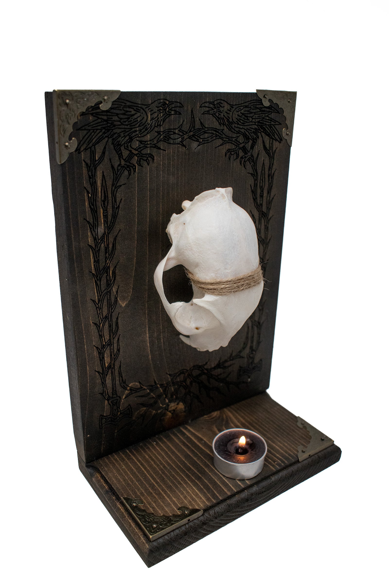 Odin’s Ravens Bobcat Skull Altar with Mjolnir Engraving