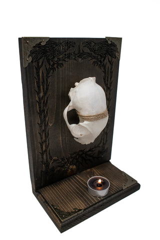 Image of Odin’s Ravens Bobcat Skull Altar with Mjolnir Engraving