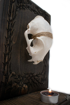 Odin’s Ravens Bobcat Skull Altar with Mjolnir Engraving