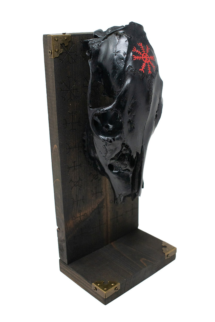 Blackened Deer Skull Altar with Helm of Awe & Icelandic Magical Staves