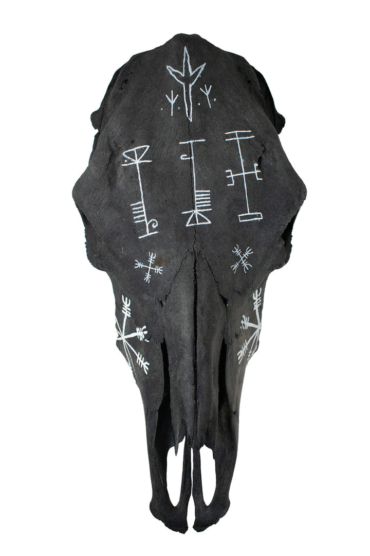 Blackened Cow Skull with Hand Painted Protection Staves