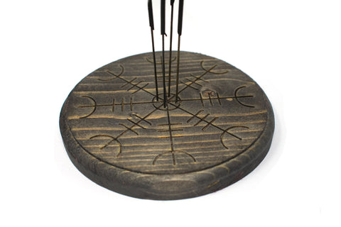 Image of pagan incense dish, helm of awe, norse incense dish, wooden incense dish, witchy incense dish, viking incense dish